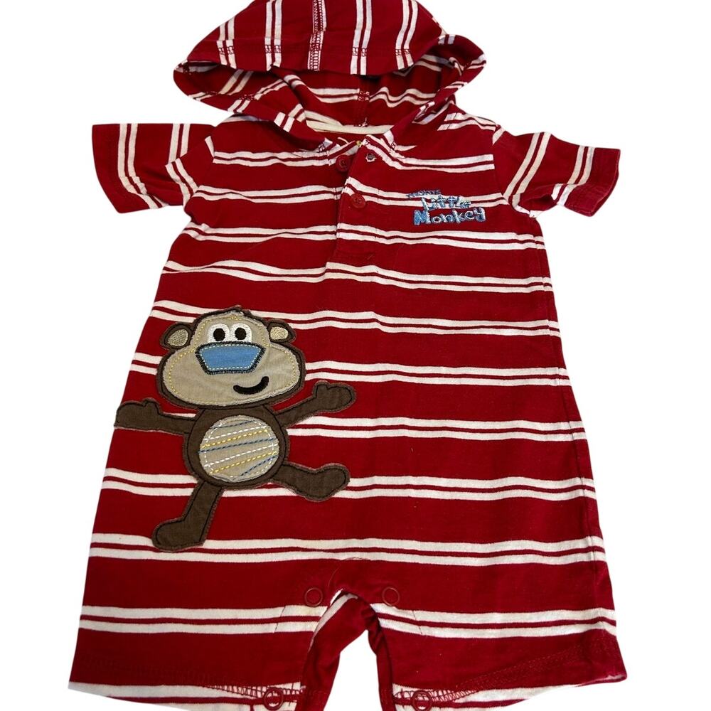 Jumping Bean red & white striped baby hooded romper Mom Little Monkey sz 9 mth